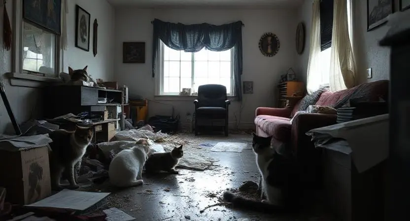 A neglected apartment after an eviction, hinting at deeper issues.